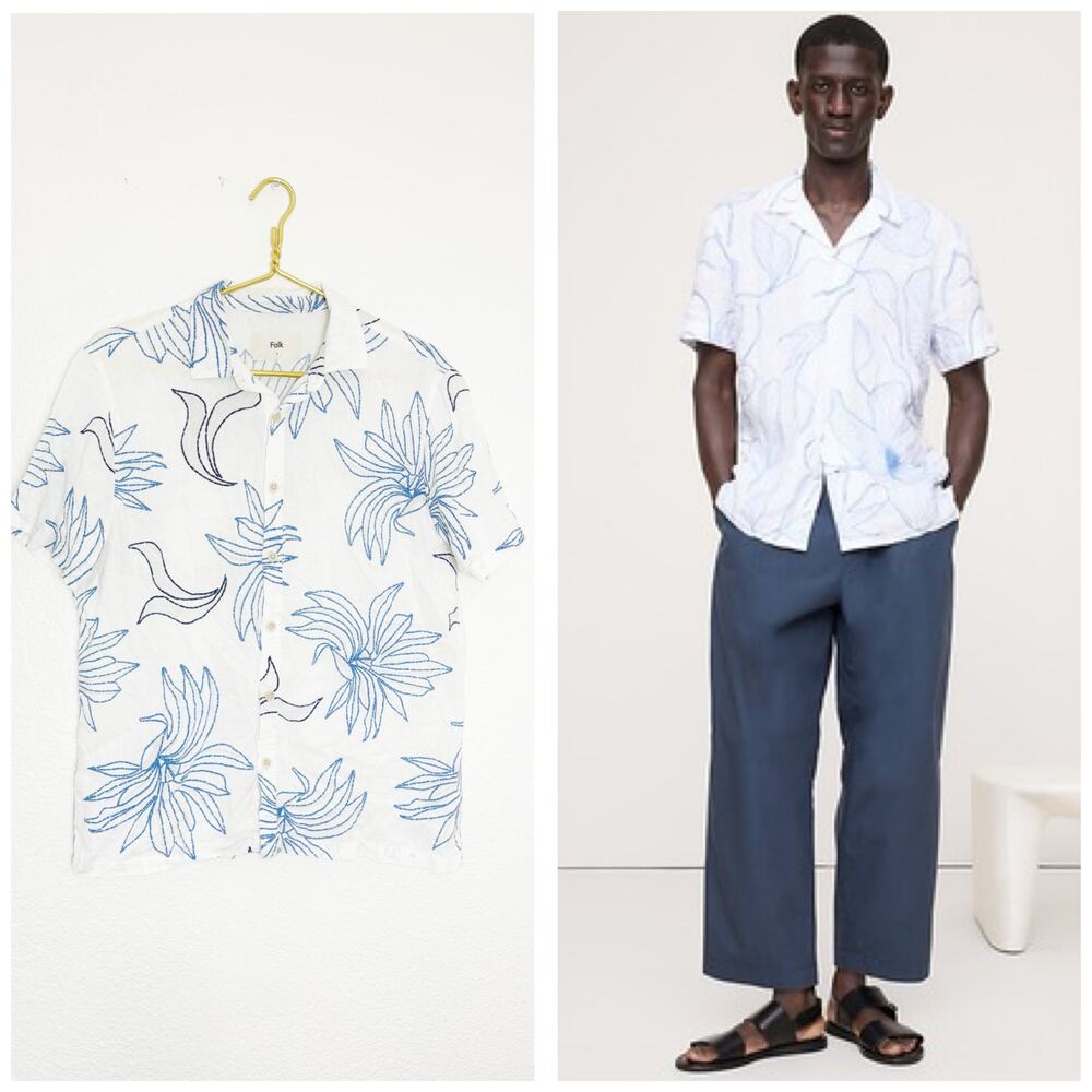 Folk Embroidered Linen Blend Veneto Short Sleeve Men's Shirt Floral Small